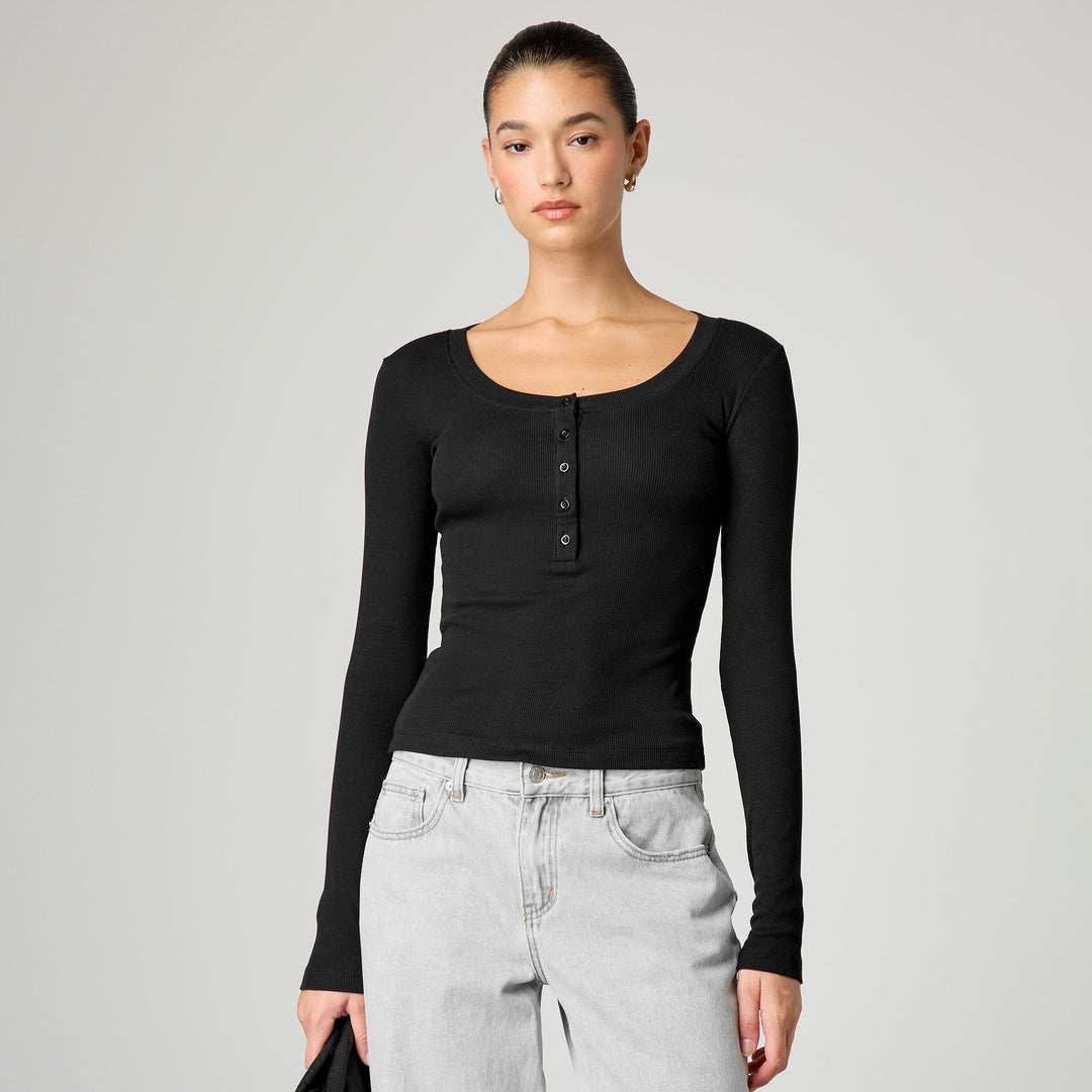 Damen Langarmshirt mit Knopfleiste und figurbetontem Schnitt Heidi-Mode