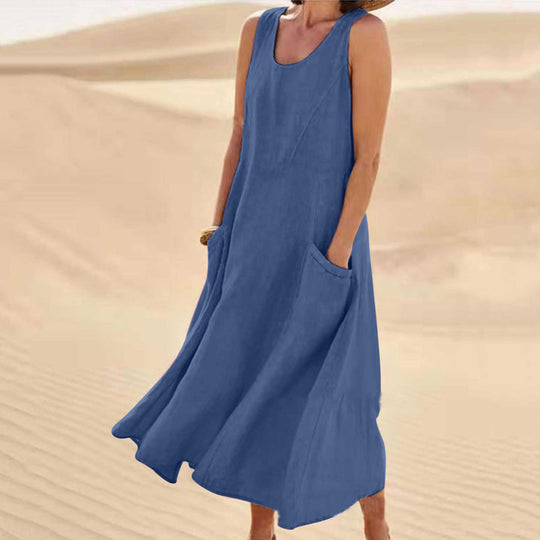 Heidi Mode | Ärmelloses Kleid aus Baumwolle und Leinen mit Rundhalsausschnitt und Tasche