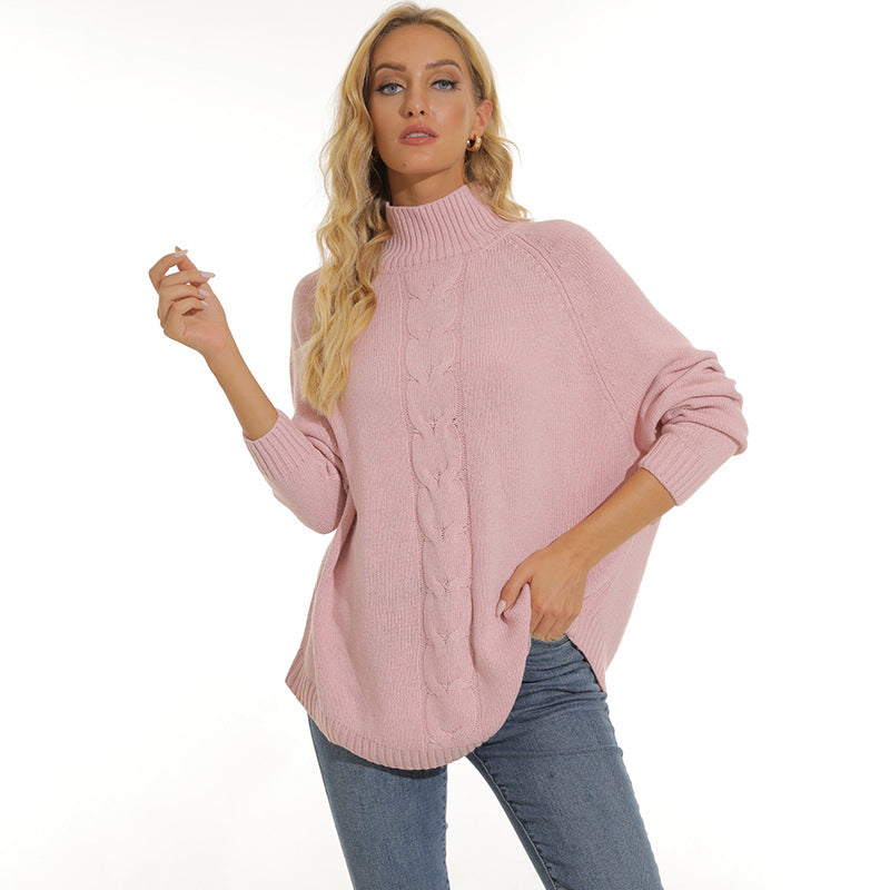 Damen gemütlicher Strickpullover mit hochgeschlossenem Kragen und modischem Zopfmuster Heidi-Mode