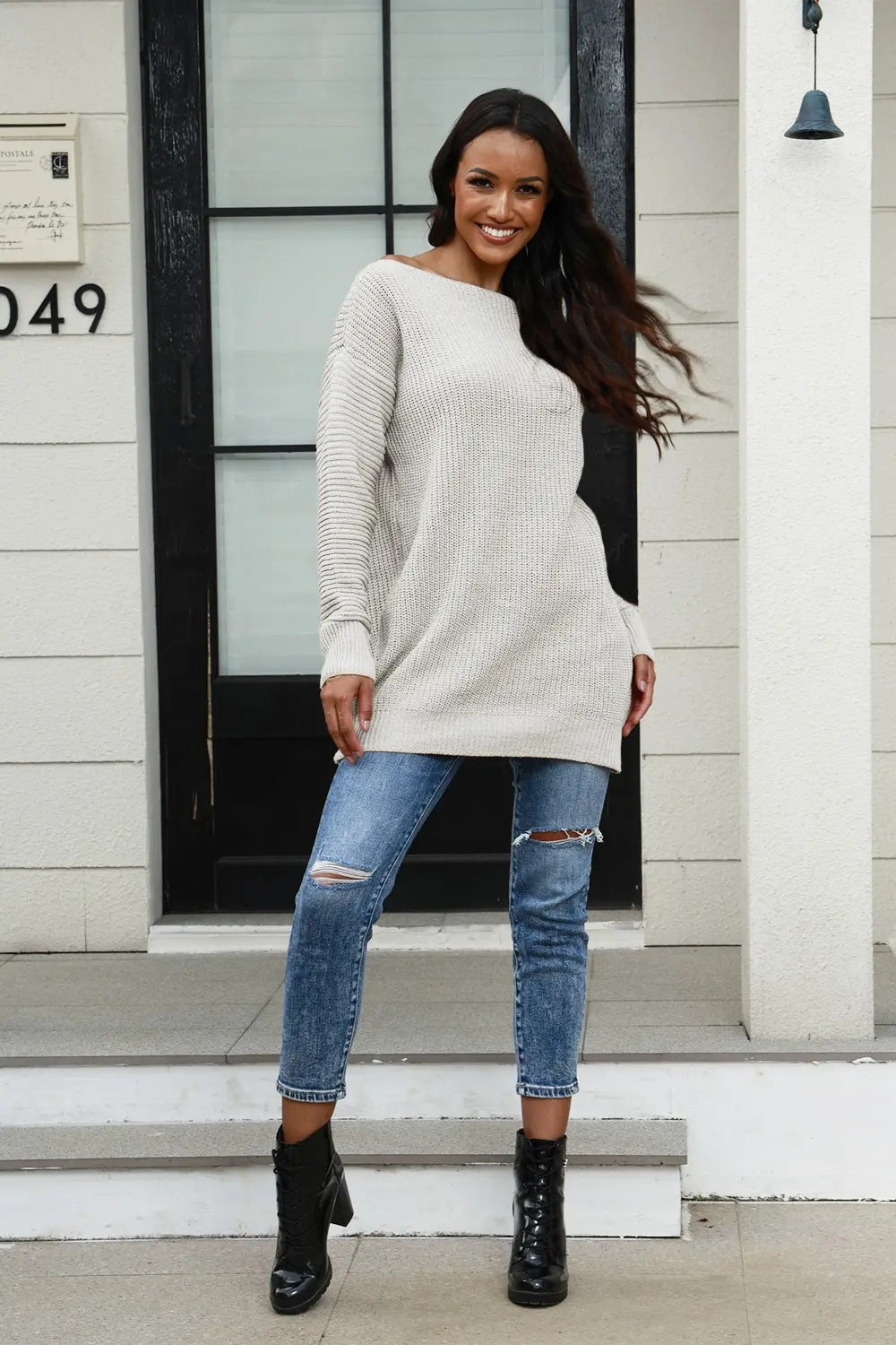 Damen lässiger Strickpullover mit weitem Ausschnitt und Rippstruktur Heidi-Mode