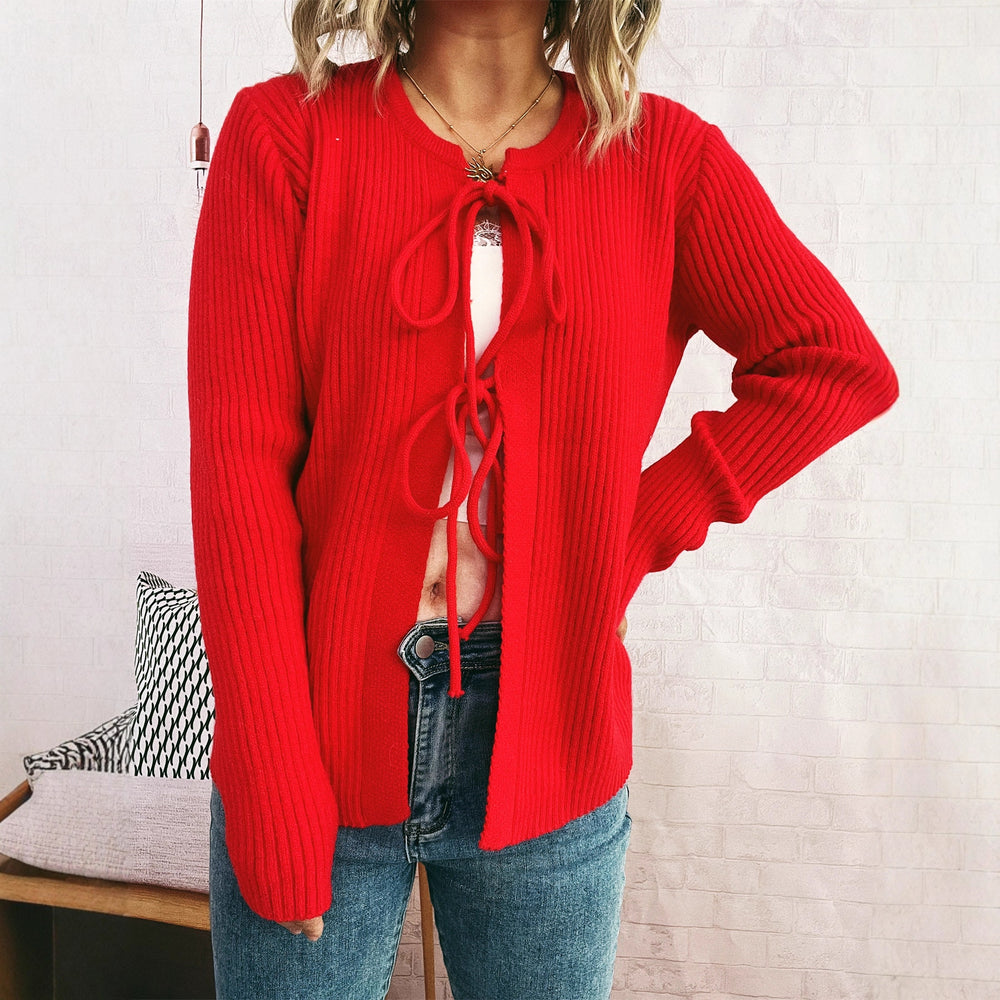 Damen Strickjacke mit dekorativem Schnürdesign und strukturiertem Material Heidi-Mode