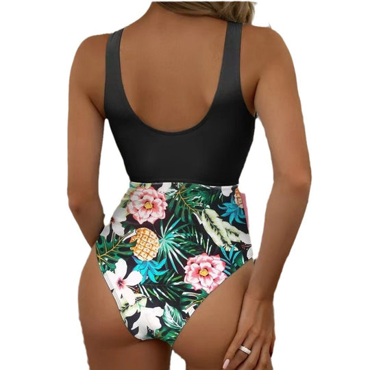 Damen Einteiler Badeanzug mit gestreiftem Oberteil und floralem Bottom Heidi-Mode