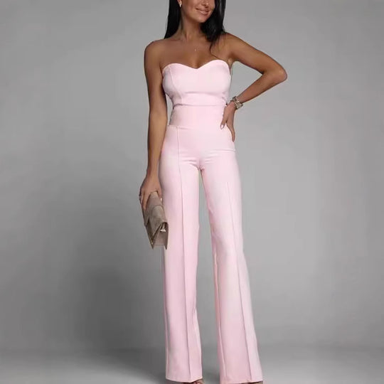 Damen schulterfreier Jumpsuit mit elegantem Herz-Ausschnitt und weitem Bein Heidi-Mode