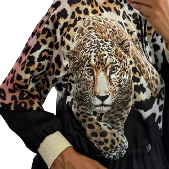 Damen entspannte Bomberjacke mit extravagantem Leoparden-Motiv Heidi-Mode