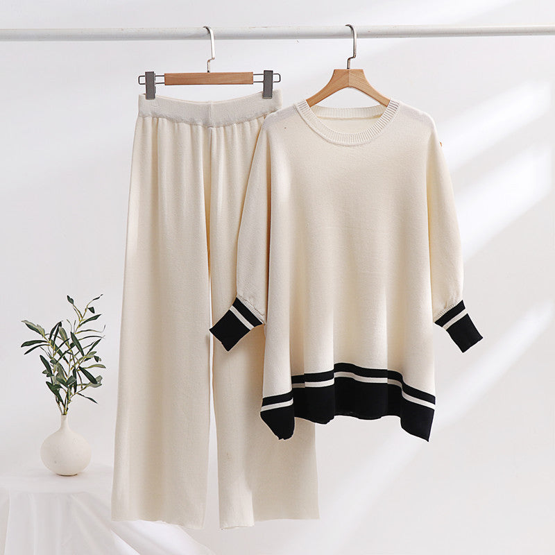 Damen lässiges Strick-Loungewear-Set mit modischem Kontrastsaum und weitem Schnitt Heidi-Mode