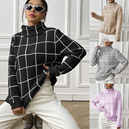 Damen Pullover mit hohem Kragen und kariertem Muster Heidi-Mode