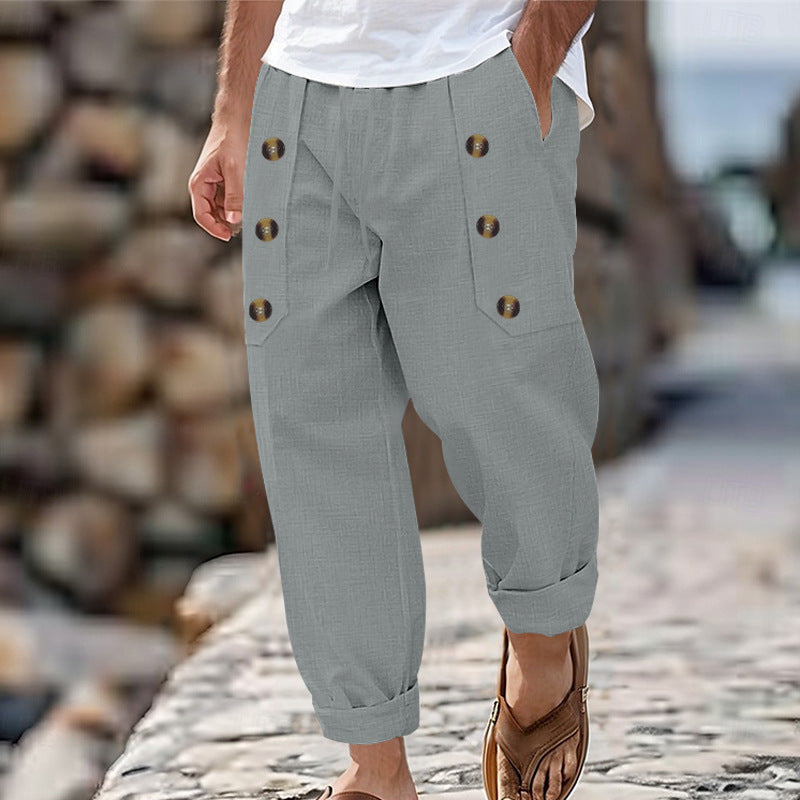 Herren Bequeme Leinenhose mit seitlichen Knöpfen und elastischem Bund Heidi-Mode