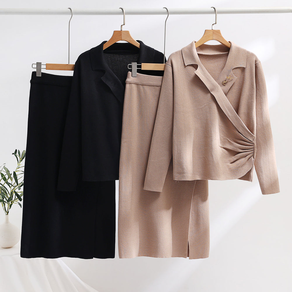 Damen elegantes Strickensemble mit Wickeloberteil und raffinierter hoher Taillierung Heidi-Mode