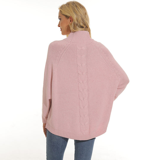 Damen gemütlicher Strickpullover mit hochgeschlossenem Kragen und modischem Zopfmuster Heidi-Mode