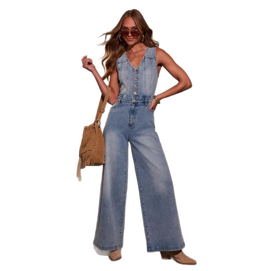 Damen Weitgeschnittene Denim-Latzhose mit Knopfdetails und regulierbarem Bund Heidi-Mode