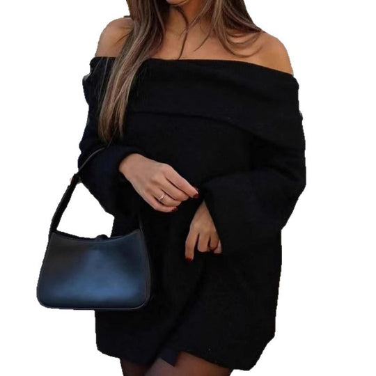 Damen Oversized Strickkleid mit schulterfreier Form und langen Ärmeln Heidi-Mode