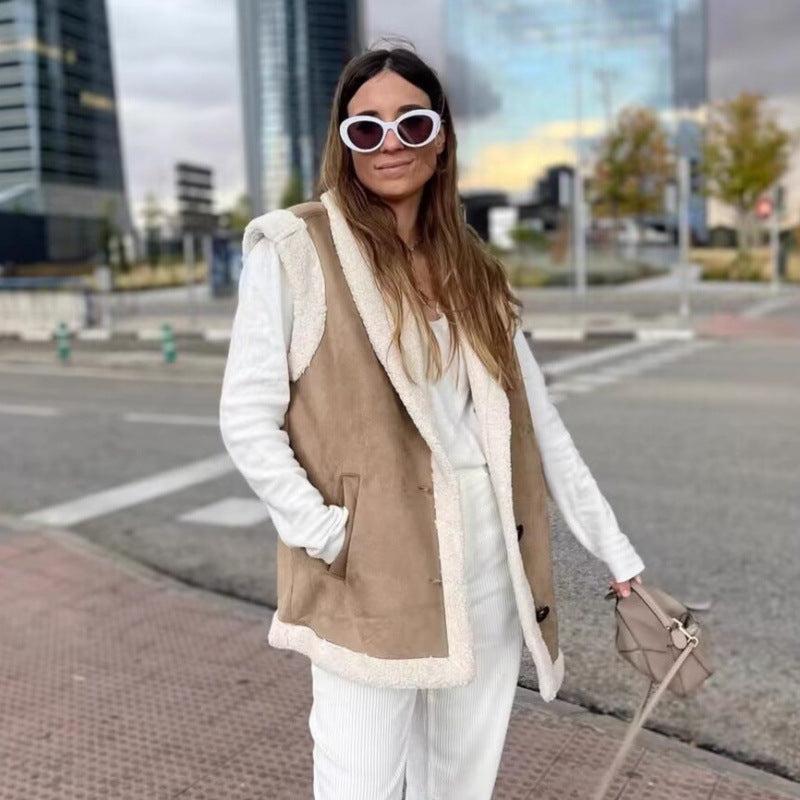 Damen warme Fleece-Weste mit klassischem Kragen und praktischen Taschen Heidi-Mode