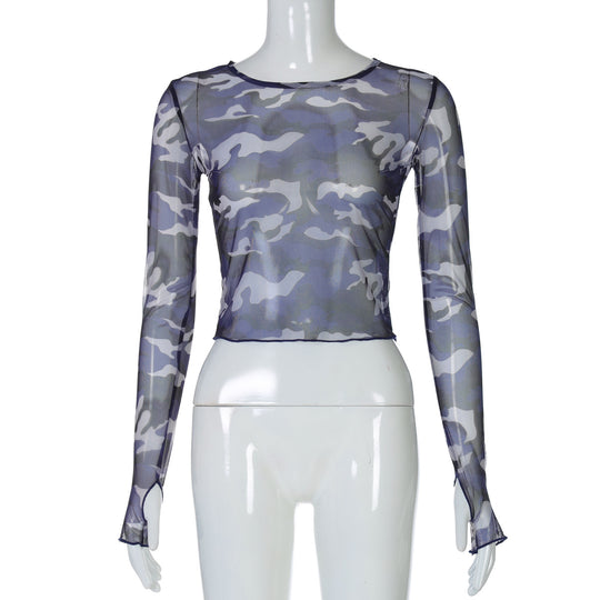 Damen Transparente Camouflage Langarmbluse Heidi-Mode