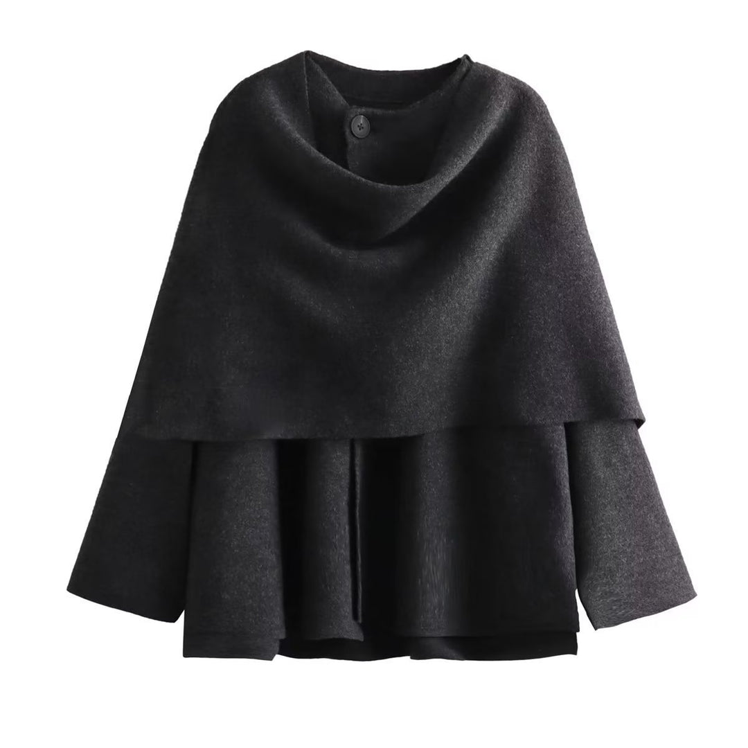 Damen schicke Wollumhangjacke mit asymmetrischem Schnitt und dekorativem Knopf Heidi-Mode