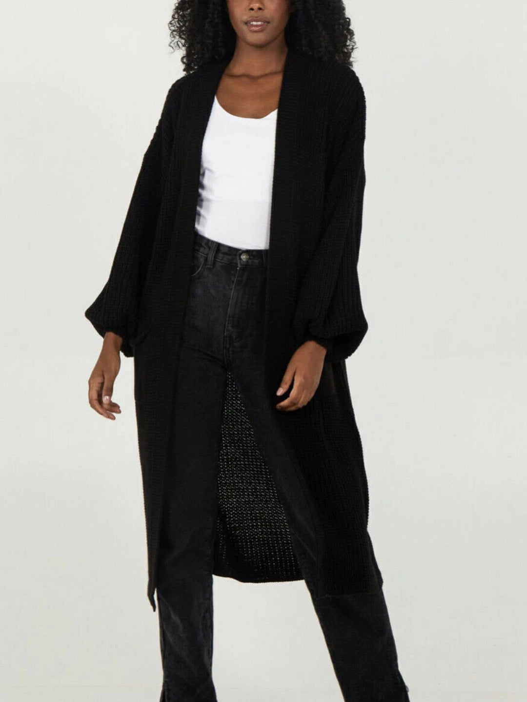Damen Langer Strickcardigan mit voluminösen Ärmeln und offenem Schnitt Heidi-Mode