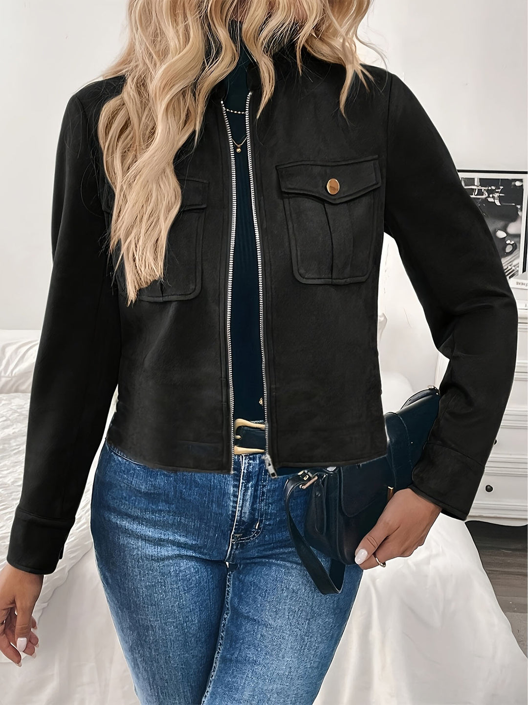 Damen modische Kurzjacke aus hochwertigem Kunstleder mit praktischen Taschen Heidi-Mode