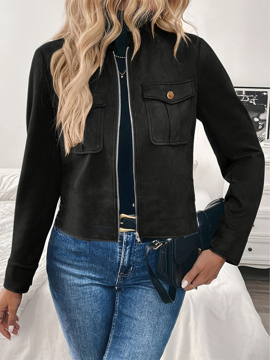 Damen modische Kurzjacke aus hochwertigem Kunstleder mit praktischen Taschen Heidi-Mode