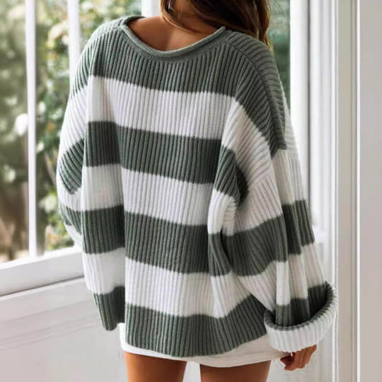Damen gestreifter Strickpullover mit weitem Schnitt Heidi-Mode
