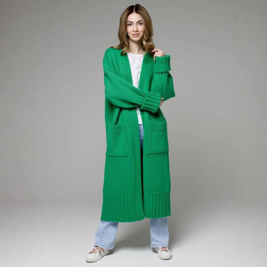 Damen bequemer langer Strickcardigan mit Taschen und breiten Ärmeln Heidi-Mode