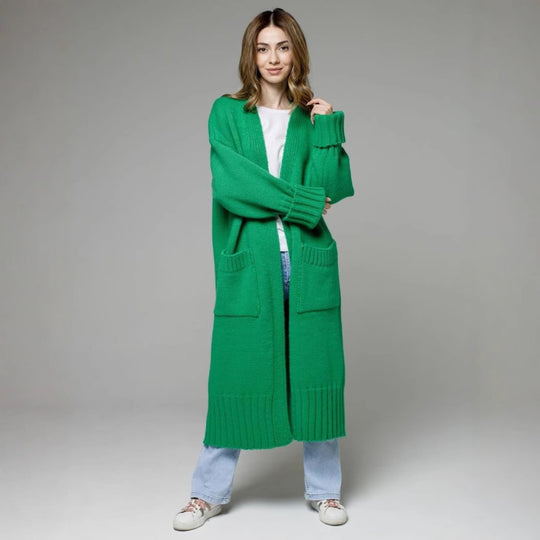 Damen bequemer langer Strickcardigan mit Taschen und breiten Ärmeln Heidi-Mode