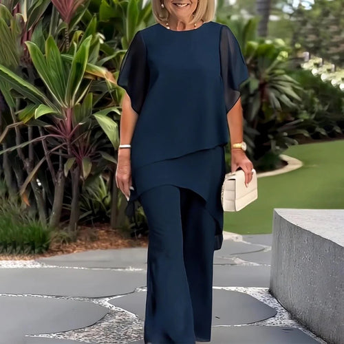 Damen elegantes Ensemble aus fließendem Oberteil und weitem Hose Heidi-Mode