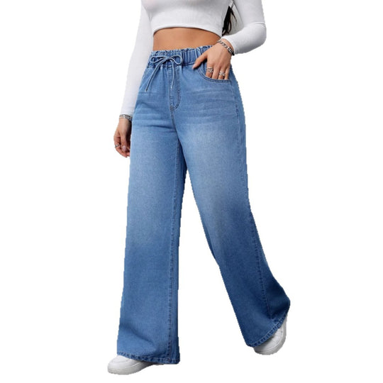 Damen Hochtaillierte Weite Jeans mit bequemem Kordelzug Heidi-Mode