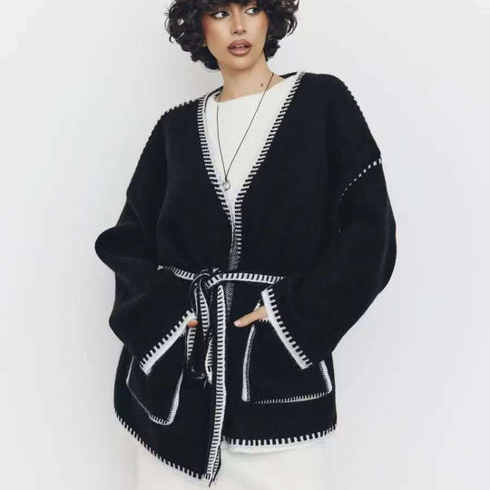Damen Komfortabler Strick-Cardigan mit praktischen Taschen und Taillengürtel Heidi-Mode