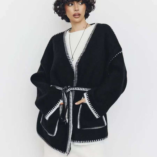 Damen Komfortabler Strick-Cardigan mit praktischen Taschen und Taillengürtel Heidi-Mode