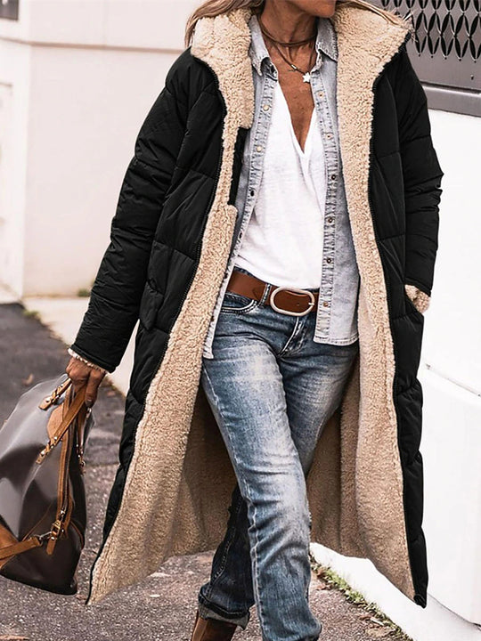 Damen Lange Steppjacke mit kuscheligem Innenfutter und Kapuze Heidi-Mode