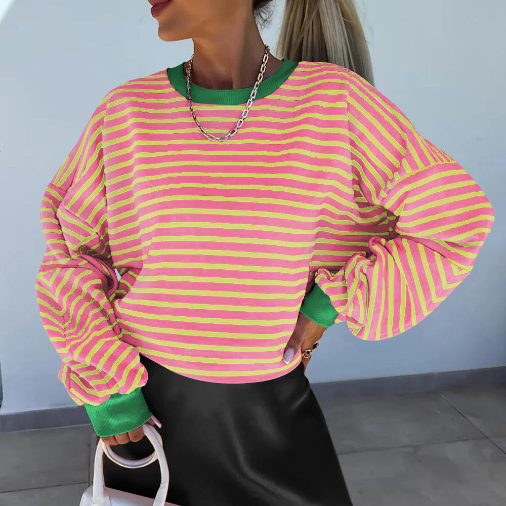 Damen Lässiges gestreiftes Sweatshirt mit voluminösen Ärmeln Heidi-Mode
