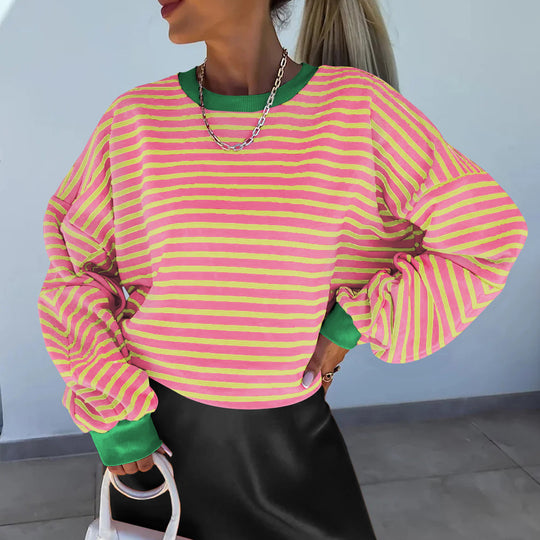 Damen Lässiges gestreiftes Sweatshirt mit voluminösen Ärmeln Heidi-Mode