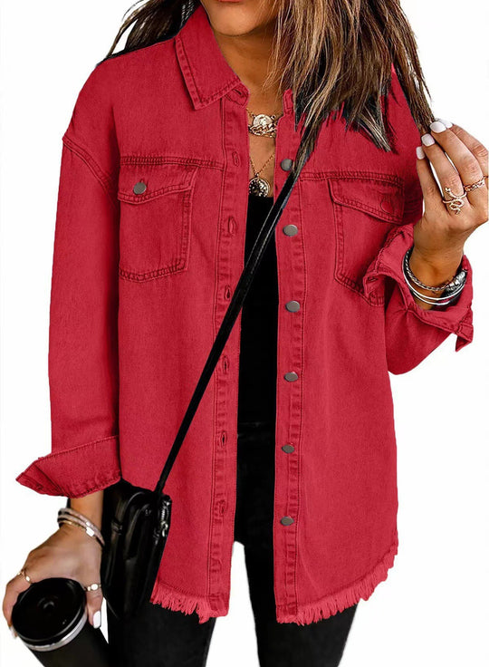 Damen Denim Overshirt mit fransigem Saum und Brusttaschen Heidi-Mode