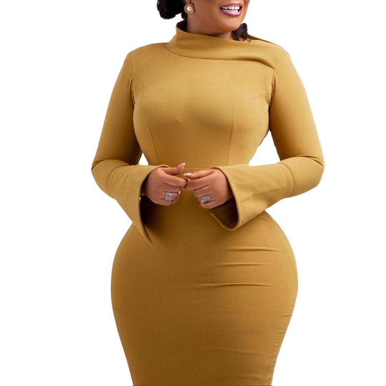 Damen Elegantes Etuikleid mit asymmetrischem Kragen und weitem Ärmel Heidi-Mode