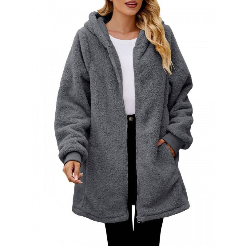 Damen weiche und kuschelige Fleecejacke mit Kapuze und Seitentaschen Heidi-Mode