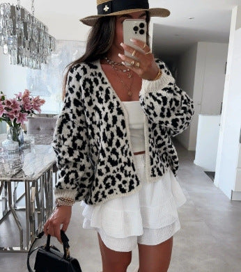 Damen lässige Strickjacke im Leopardenmuster Heidi-Mode