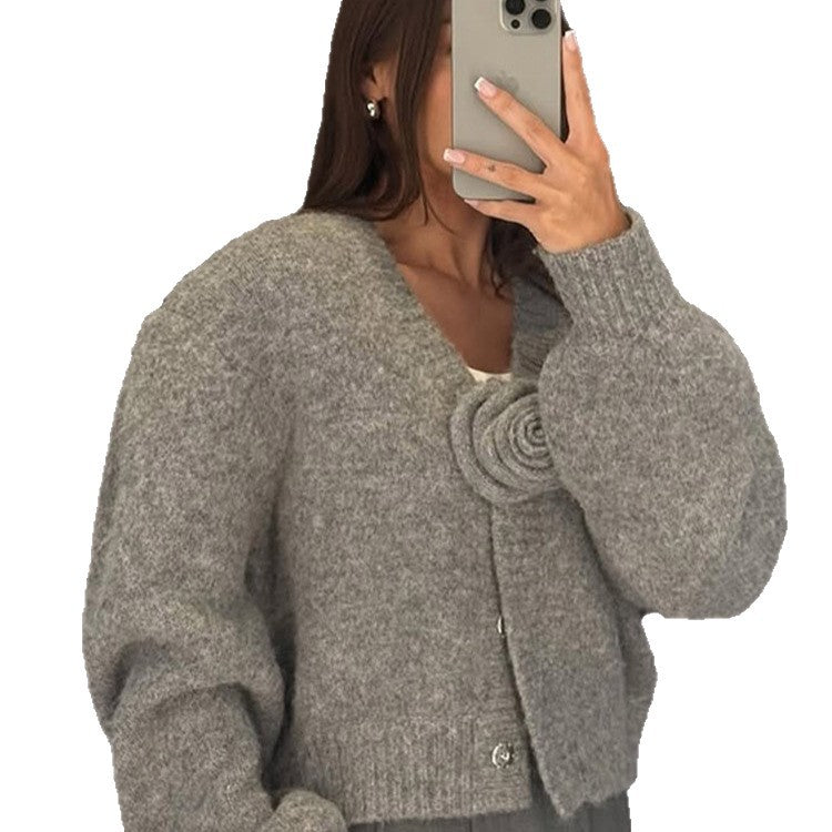 Damen cropped Chiffon-Jacke mit Blumenapplikationen Heidi-Mode