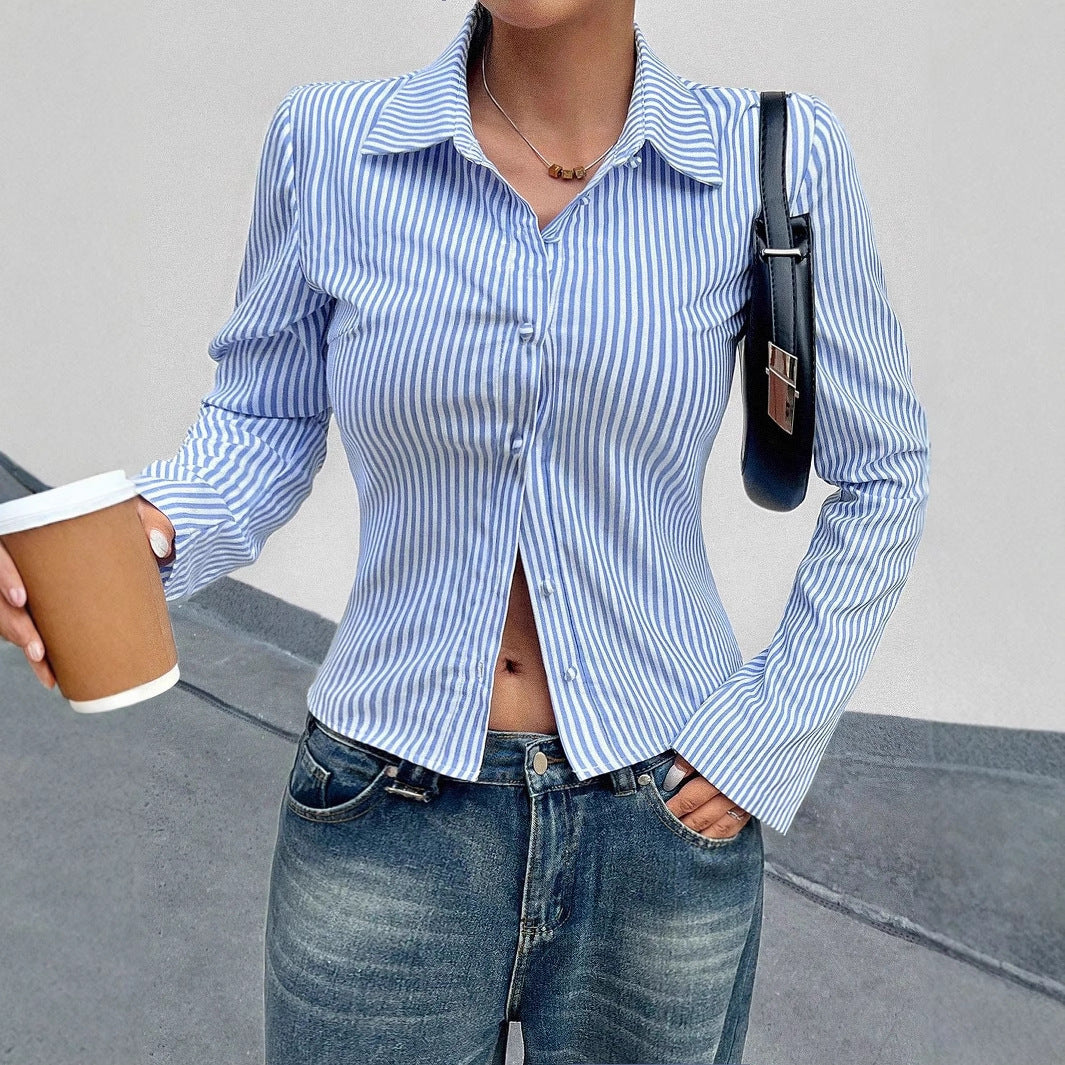 Damen Elegante Bluse mit schmalen Streifen und tailliertem Schnitt Heidi-Mode