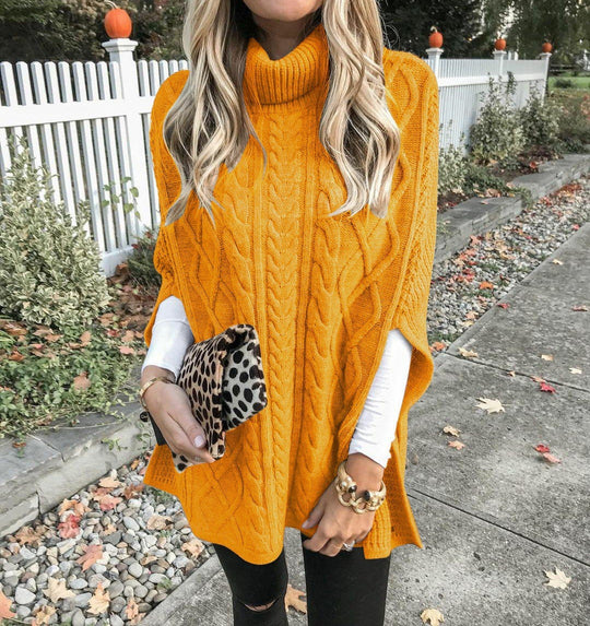 Damen Strickponcho mit hochschließendem Kragen und klassischem Kabelmuster Heidi-Mode