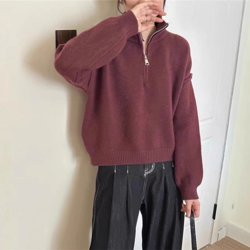 Damen lässiger Pullover mit kurzem Reißverschluss und entspannter Passform Heidi-Mode