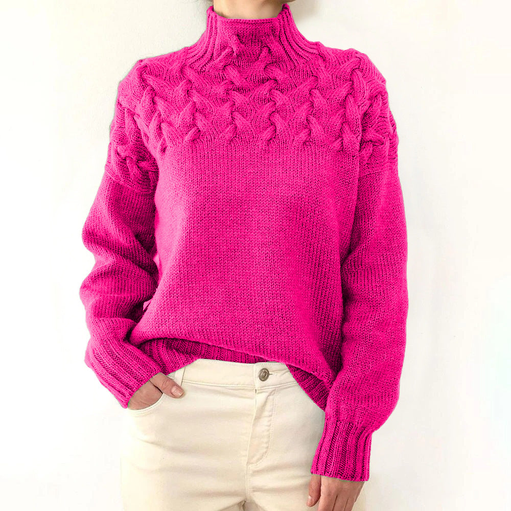 Damen Strickpullover mit hochgeschlossenem Kragen und trendigem Zopfmuster Heidi-Mode