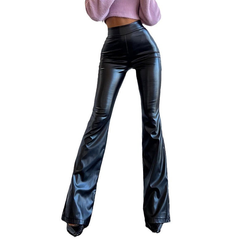 Damen Hochwertige Kunstleder-Flared-Hose mit elastischem Bund Heidi-Mode