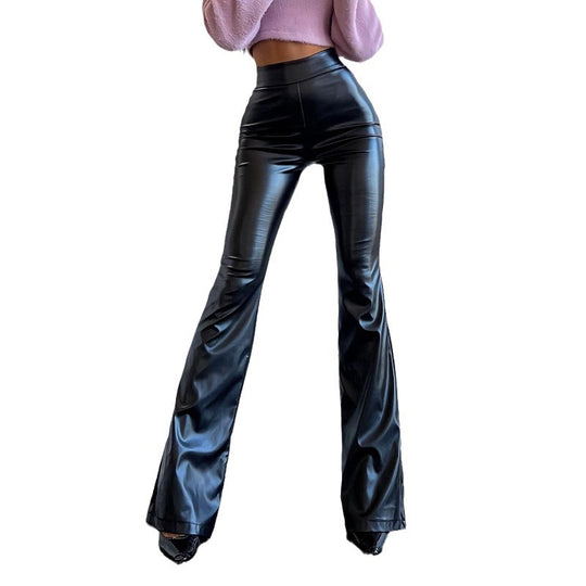 Damen Hochwertige Kunstleder-Flared-Hose mit elastischem Bund Heidi-Mode
