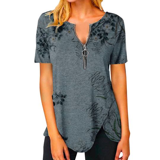 Damen T-Shirt mit halbgeschlossenem Reißverschluss und floralem Muster Heidi-Mode