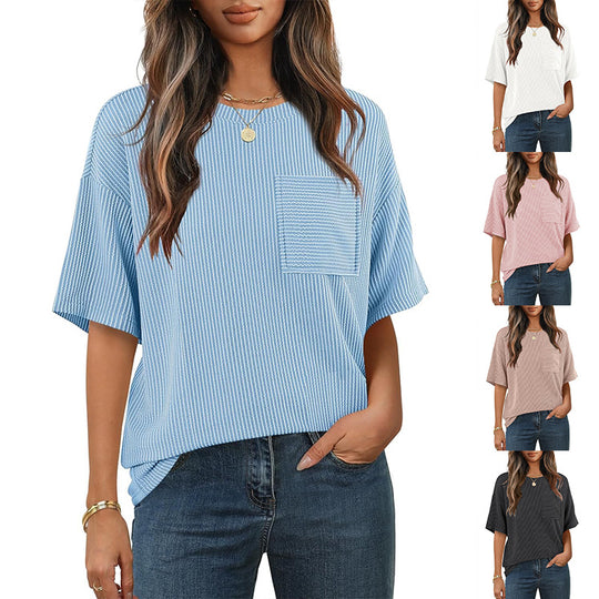 Damen lässiges gestreiftes T-Shirt mit Brusttasche Heidi-Mode