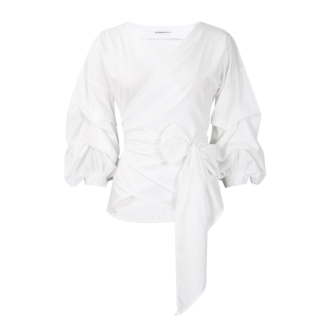 Damen Wickelbluse mit voluminösen Ärmeln und eleganter Schleifenbindung Heidi-Mode