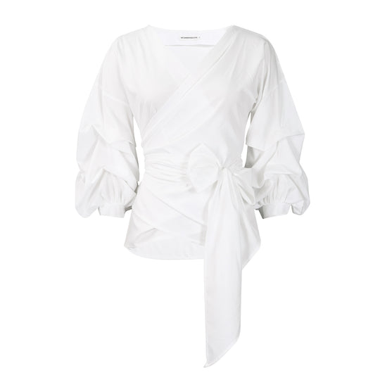 Damen Wickelbluse mit voluminösen Ärmeln und eleganter Schleifenbindung Heidi-Mode