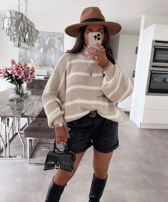 Damen gestreifter Oversized-Pullover mit modischem Rollkragen Heidi-Mode