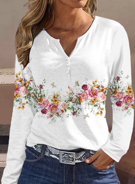 Damen Langarmshirt mit floralem Motiv und Knopfdetails Heidi-Mode