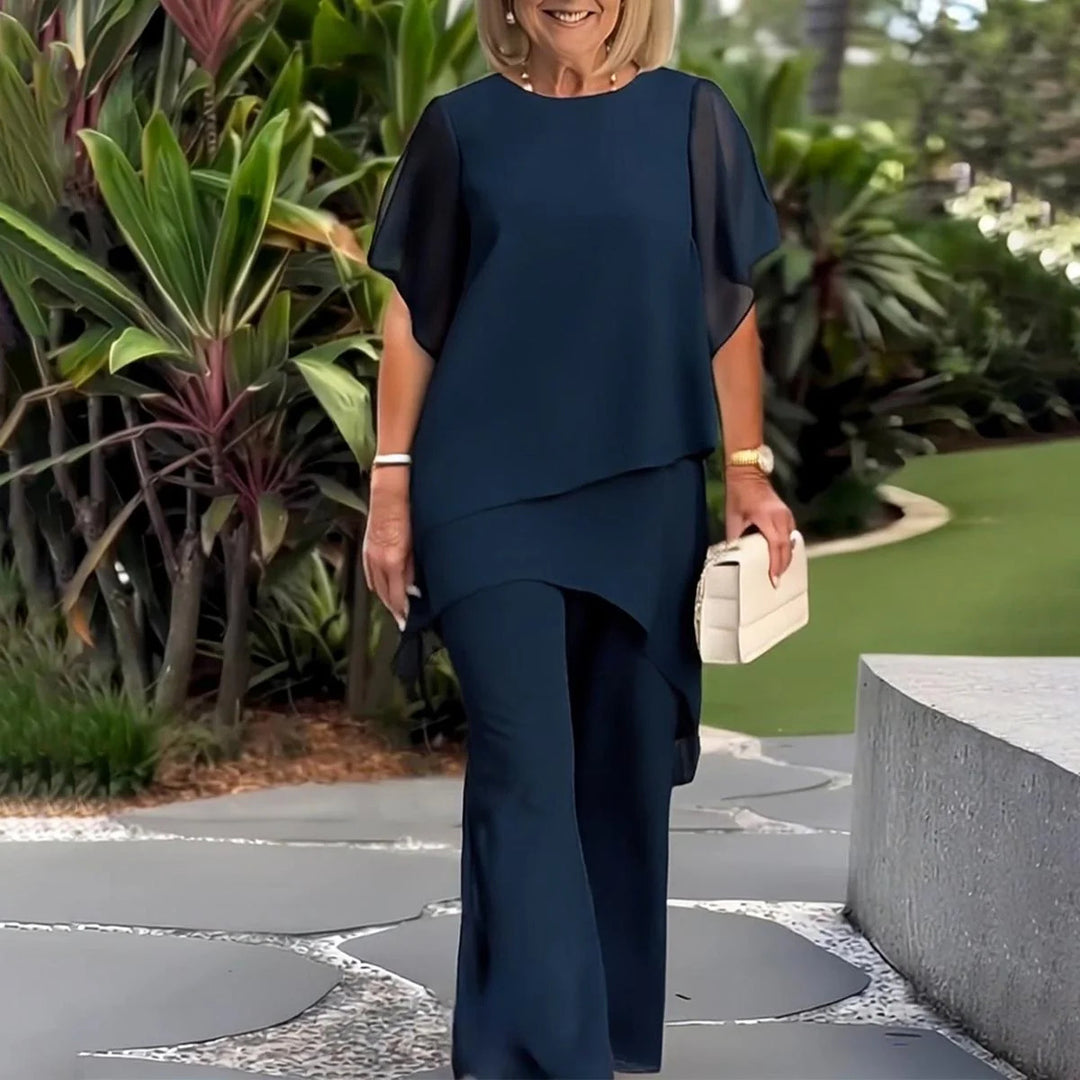 Damen elegantes Ensemble aus fließendem Oberteil und weitem Hose Heidi-Mode
