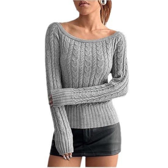 Damen Grobstrick Pullover mit offener Schulterpartie und Zopfmuster Heidi-Mode